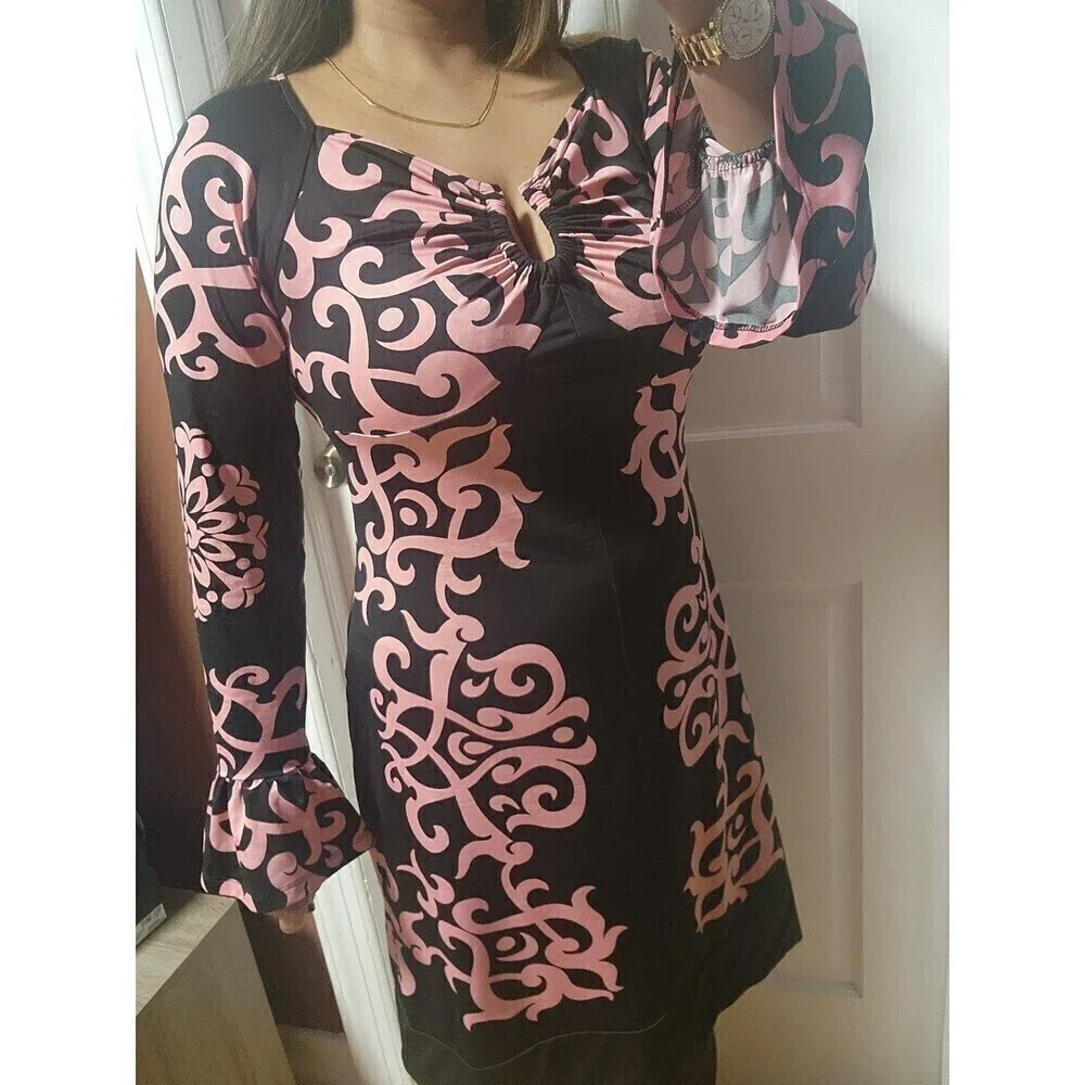 INC International Concepts Geo Black Pink Print Empire Dress Medium Casual Chic - Picture 8 of 10